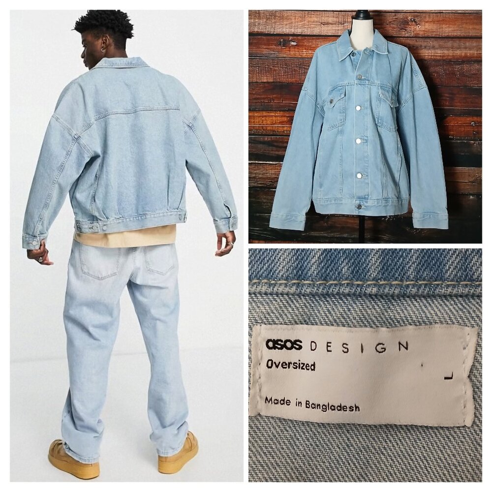 ASOS Jean Jacket L Oversized Light Wash Denim 100% Cotton Button Front